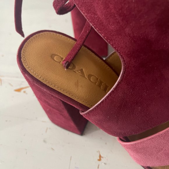 Coach Minetta Color Block Suede Heels Pink Burgundy Block Heel Ankle Tie Sz 8.5 - Picture 6 of 9